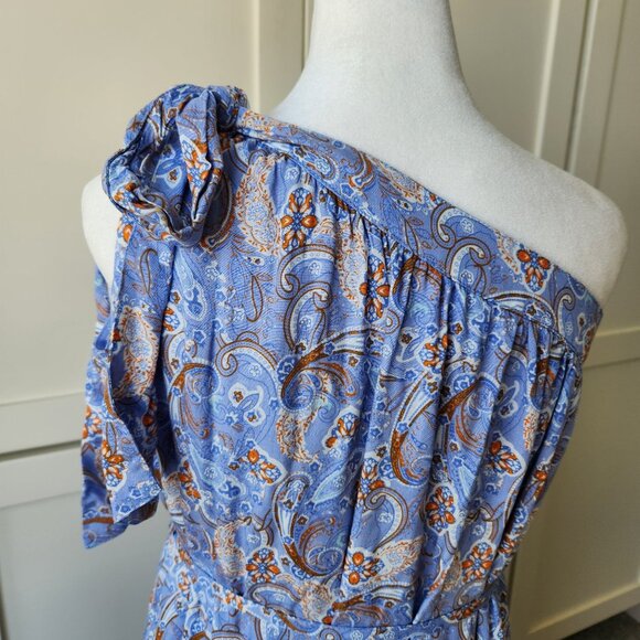In Loom Blue Paisley One-Shoulder Dress Flowy Babydoll Boho Festival Cute Summer - Picture 5 of 12